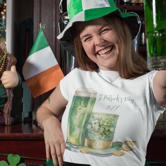 Leprechaun Hat with Green Beer on St Patrick's Day T-Shirt (Cheers and customize this St Patrick's Day T Shirt on any style for men and women. )