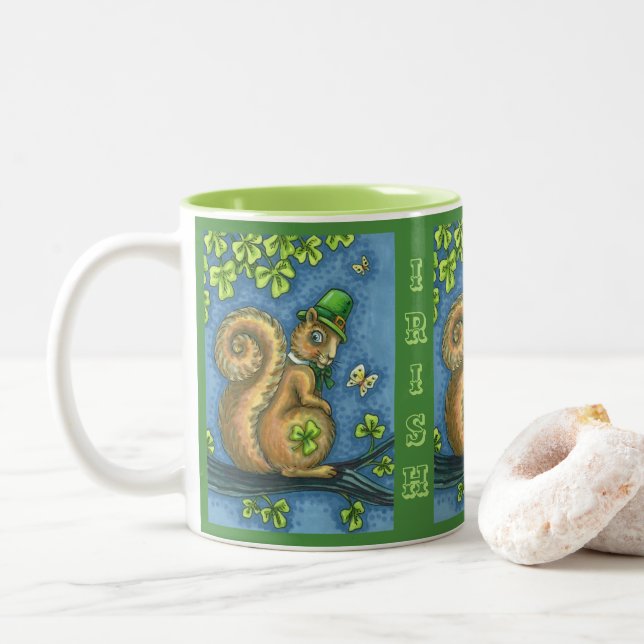 LEPRECHAUN IRISH SQUIRREL, ST. PATRICK'S DAY Lucky Two-Tone Coffee Mug (With Donut)