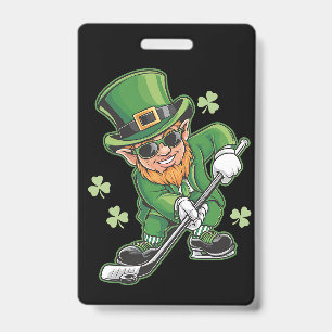 Leprechaun Playing Hockey St Patrick's Day Irish ID Badge