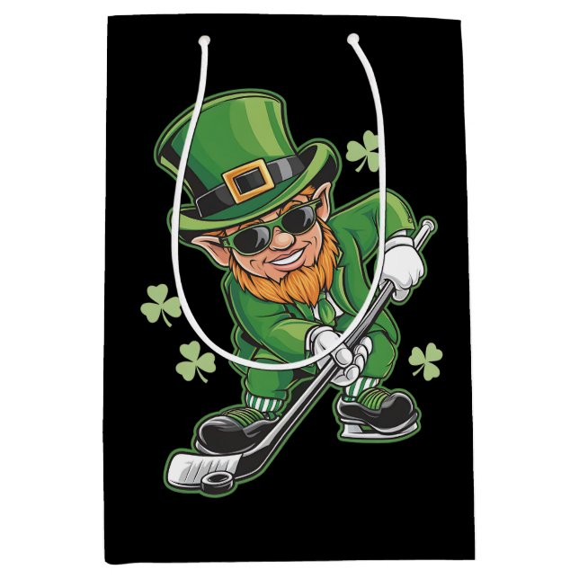 Leprechaun Playing Hockey St Patrick's Day Irish Medium Gift Bag (Front)