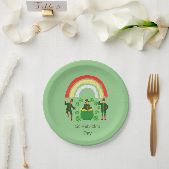 Leprechaun Pot of Gold Rainbow St Patrick's Day Paper Plate (Wedding)