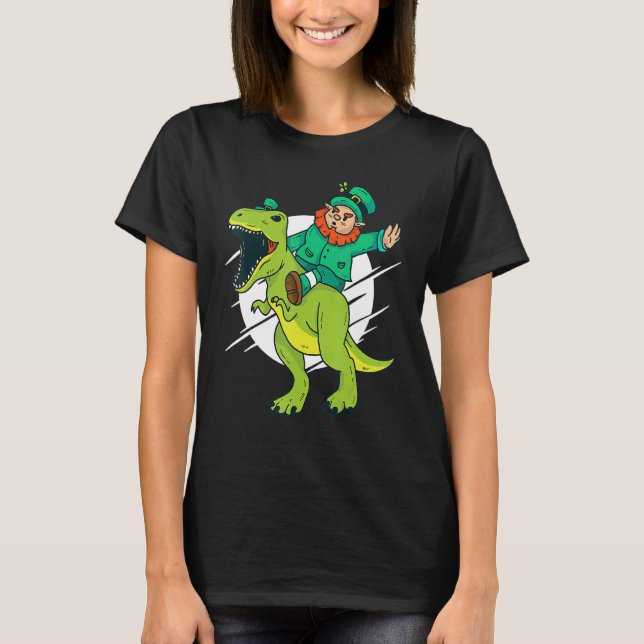 Leprechaun Riding A T Rex Dinosaur Funny St Patric T-Shirt (Front)