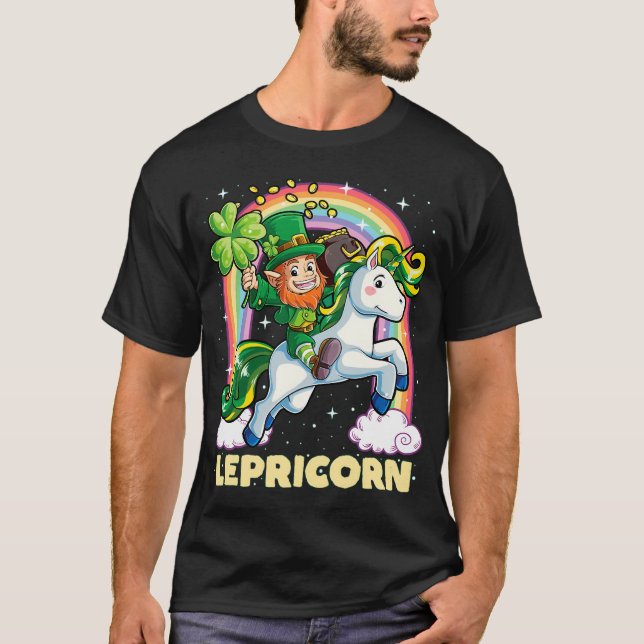 Leprechaun Riding Unicorn T-Shirt (Front)