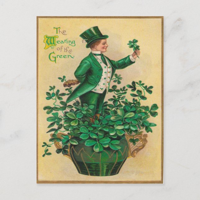 Leprechaun Shamrock Clay Pipe Harp of Erin Postcard (Front)