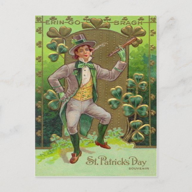 Leprechaun Shamrock Shillelagh Clay Pipe Postcard (Front)