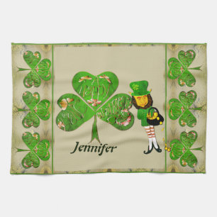 Leprechaun Shamrocks Grey Tea Towel