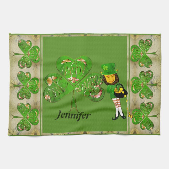Leprechaun Shamrocks Throw Blanket Tea Towel (Horizontal)