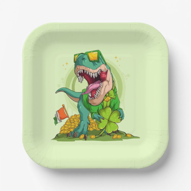 Leprechaun T-Rex St. Patrick's Day Paper Plate (Front)