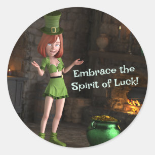 Leprechaun Toon Girl Next to the Pot of Gold Classic Round Sticker