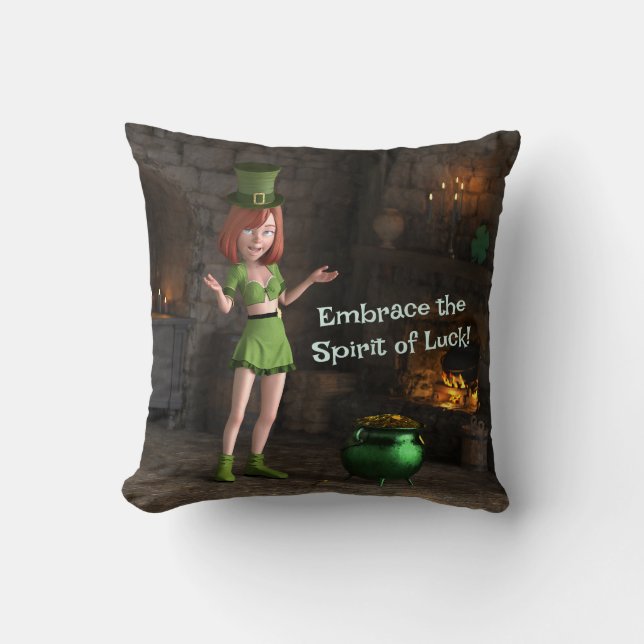 Leprechaun Toon Girl Next to the Pot of Gold Cushion (Front)