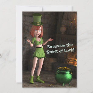 Leprechaun Toon Girl Next to the Pot of Gold Holiday Card