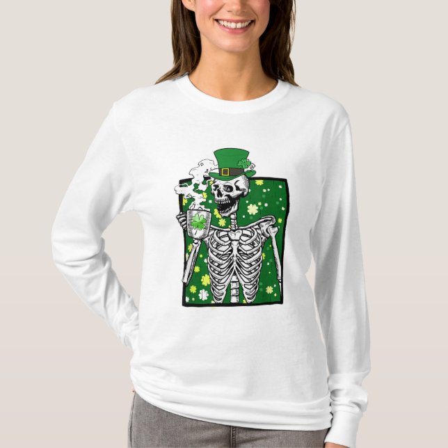 Leprechaun Top Hat Skeleton Drinking Coffee St Pat (Front)