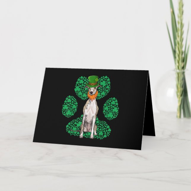 Leprechaun Whippet St Patricks Day Shamrock Paw Holiday Card (Front)