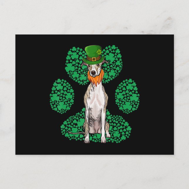 Leprechaun Whippet St Patricks Day Shamrock Paw Postcard (Front)