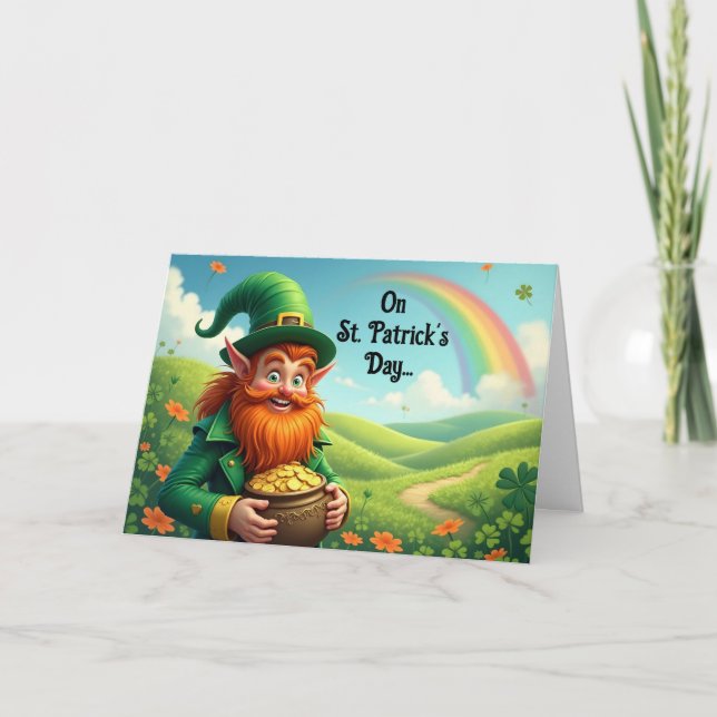 Leprechaun With Gold Greeting Card (Front)