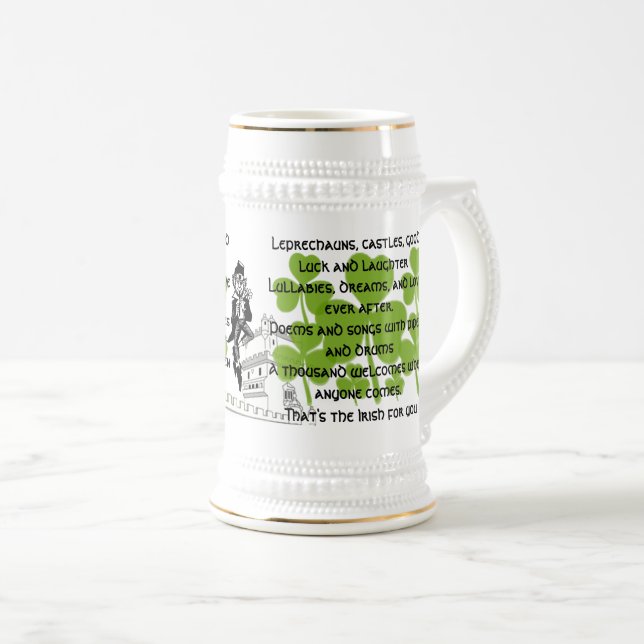 Leprechauns, castles, good luck and laughter beer stein (Front Right)