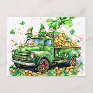 Leprechauns on truck full gold Clover leaves Postcard