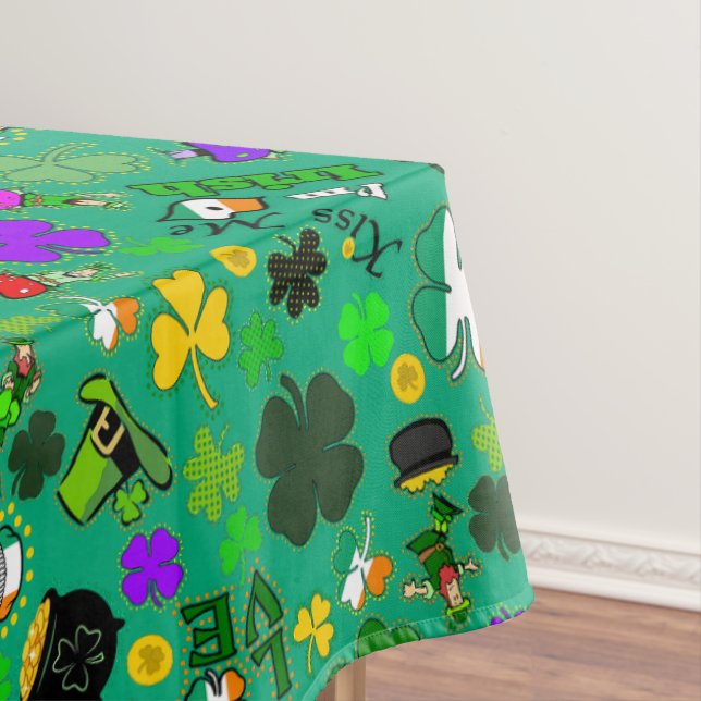 Leprechauns Shamrocks Gold Mushrooms Irish Green Tablecloth (In Situ)