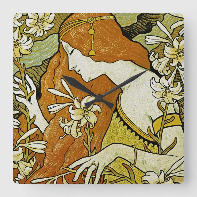 L'Ermitage Art Nouveau Floral Square Wall Clock (Front)