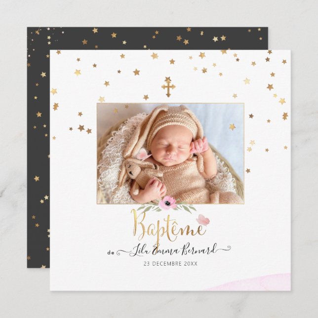 Les etoiles d'or Faire-part de Baptême Invitation (Front/Back)