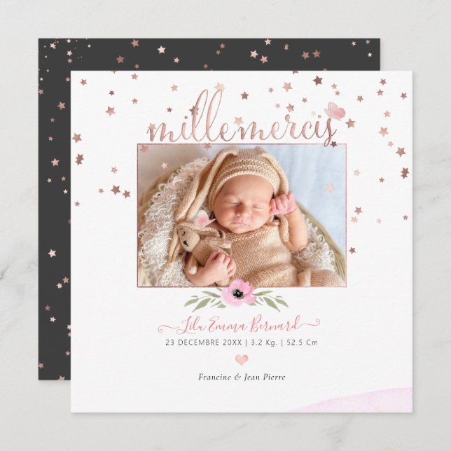 Les etoiles d'or rose Remerciement Naissance Fille Invitation (Front/Back)