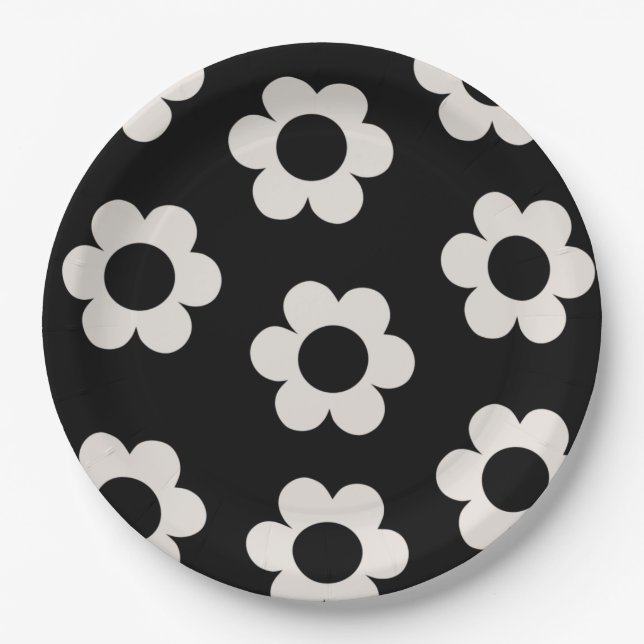 Les Fleurs 02 Black And White Floral Retro Flowers Paper Plate (Front)