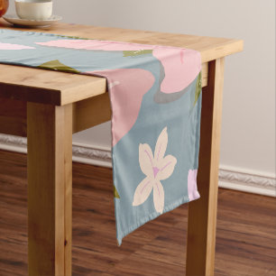 Les Fleurs 06 Flower Pattern Blue And Blush Floral Short Table Runner