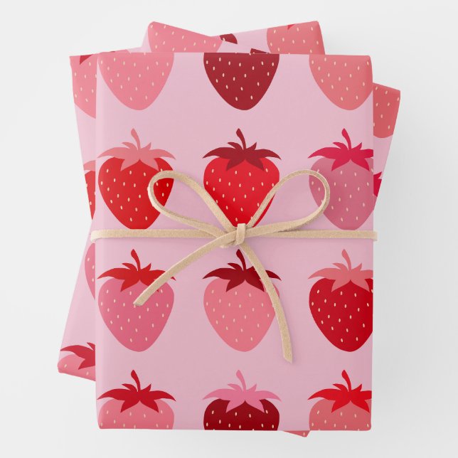 Les Fraises 01 Pink And Red Preppy Strawberries Wrapping Paper Sheet (In situ)