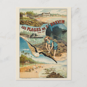 Les Plages de St Brévin France Vintage Poster 1908 Postcard