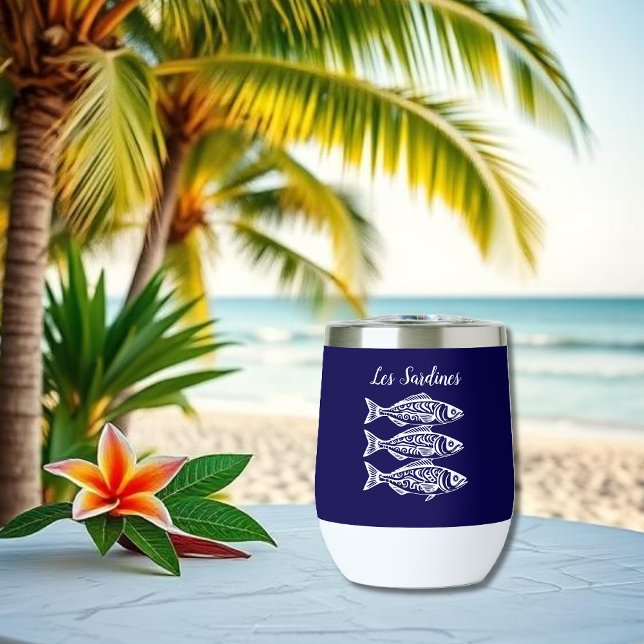 Les Sardines-Hawaiian Fisherman Core (Les Sardines- Hawaiian Tribal pattern, Fisherman Core, summer, beach, pool, party, wine tumbler blue)