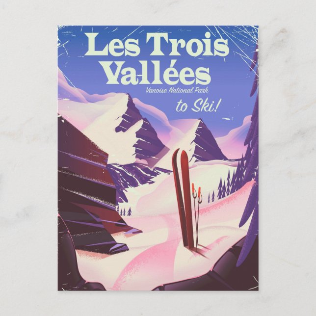 Les Trois Vallées Ski travel poster Postcard (Front)