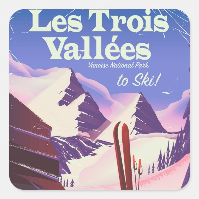 Les Trois Vallées Ski travel poster Square Sticker (Front)