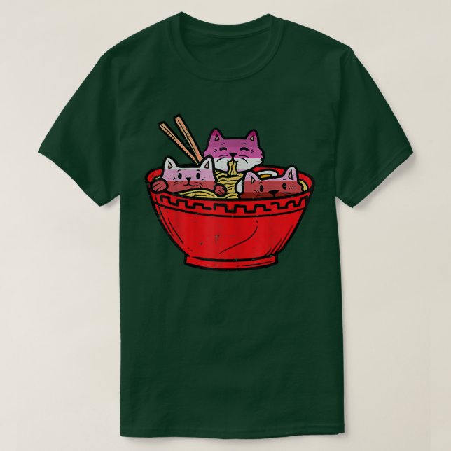 Lesbian Anime Cute Japanese Cats Ramen Noodles  T-Shirt (Design Front)