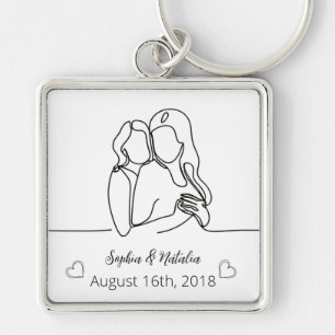 Lesbian Anniversary Elegant Personalised Line Art Key Ring