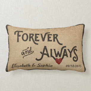 Lesbian Burlap Forever Always Heart Personalised Lumbar Cushion