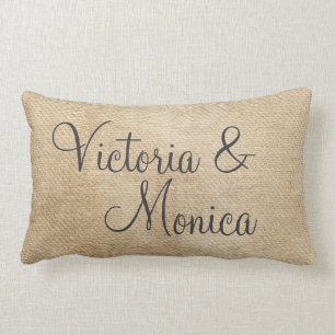 Lesbian Burlap Vintage Personalise Wedding Names Lumbar Cushion