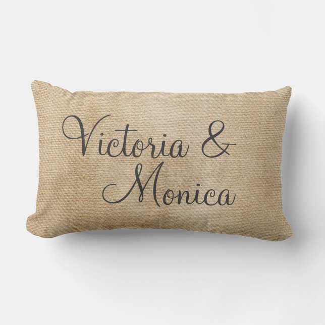 Lesbian Burlap Vintage Personalise Wedding Names Lumbar Cushion (Front)