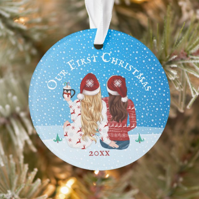 Lesbian couple 1st Christmas snow PHOTO gay Orname Ornament (Tree)