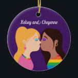 Lesbian Couple Kiss Cute Custom Gay Pride Purple Ceramic Tree Decoration<br><div class="desc">Romantic LGBT Christmas ornament featuring two pretty girls kissing. This cute drawing features a cute blonde woman and a beautiful brunette female in a rainbow shirt. Customise this purple LGBTQ gift with your own custom text.</div>
