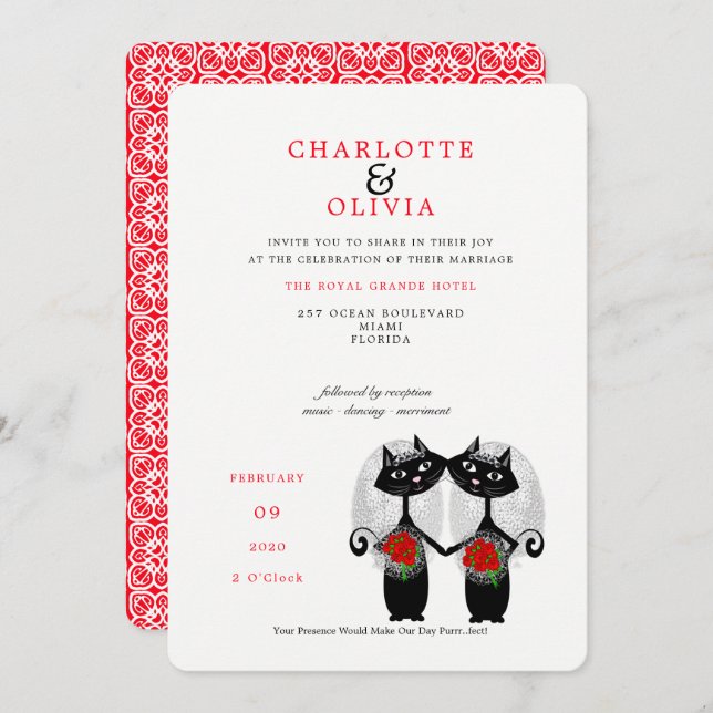 Lesbian Couple LGBTQ Wedding Cute Cats Invitation (Front/Back)