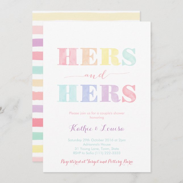 Lesbian Couples Shower invite, LGBTQ rainbow card (Front/Back)