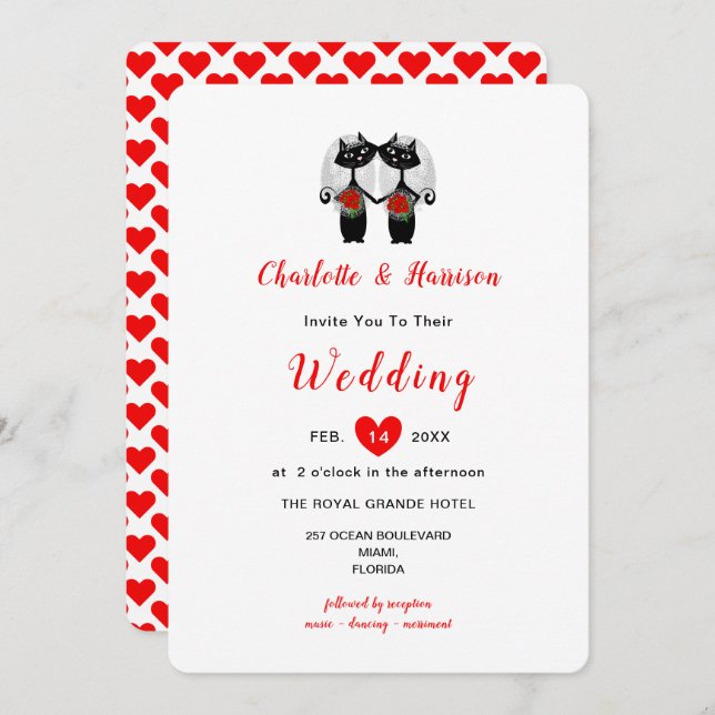 Lesbian Cute Whimsy Black Cats Wedding Invitation (Front/Back)