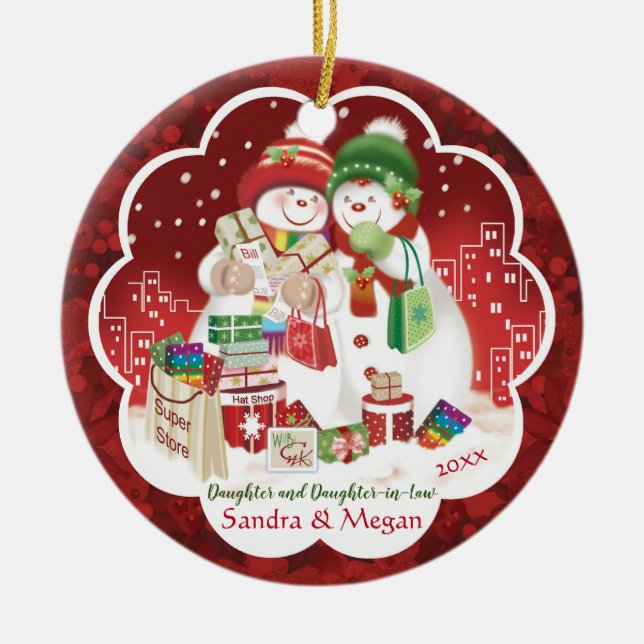 Lesbian, Daughter, Daught in Law, Cute Snow women, Ceramic Tree Decoration (Front)