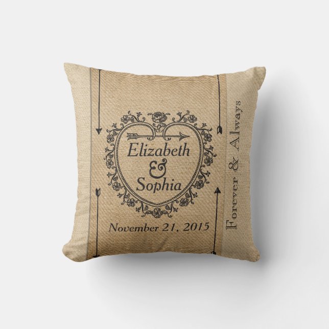 Lesbian Fancy Burlap Anniversary Date Heart Cushion (Front)
