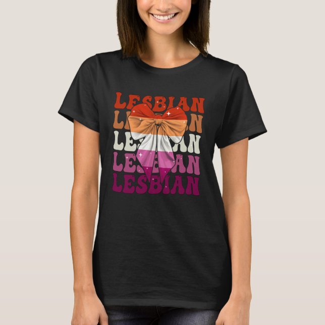 Lesbian Flag Pride LGBTQ Girl Coquette Bow Ribbon T-Shirt (Front)