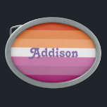 Lesbian flag with personalised name gift belt buckle<br><div class="desc">Lesbian flag with personalised name gift, belt lgbt flag, pride parade, london pride, pansexual flag, non binary, pansexuality, fashion belt, vintage wear, pansexual belts, heart symbol, pride, gay pride, gay rights, lesbian, gay pride flag, lgbt, lgbtq, lesbian flag, lesbians, lesbiana, glitter, flag, rainbow, gay, accessory, accessories, gift, sparkles, unicorn, sparkly,...</div>