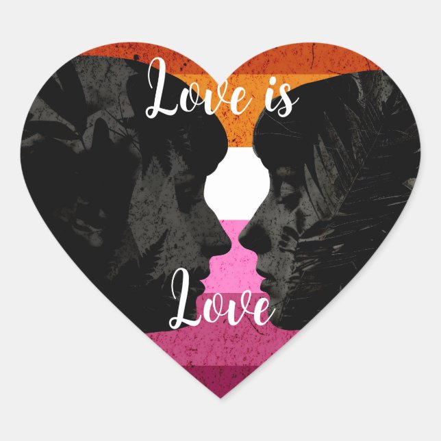 Lesbian Flag with Two Woman Silhouettes  Heart Sticker (Front)