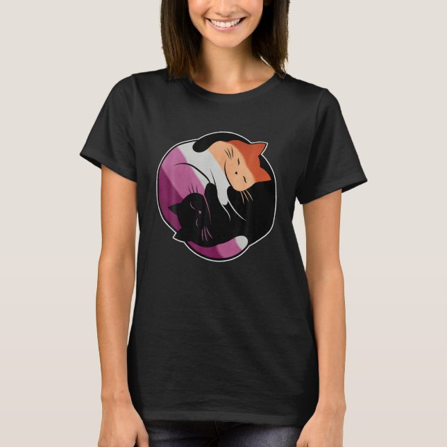 Lesbian Flag Yin Yang Cat LGB Gay Pride Subtle Dis T-Shirt (Front)