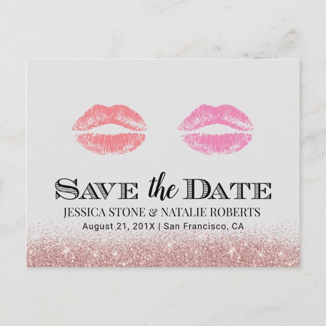Lesbian Gay Wedding Double Kisses Save the Date Announcement Postcard (Front)