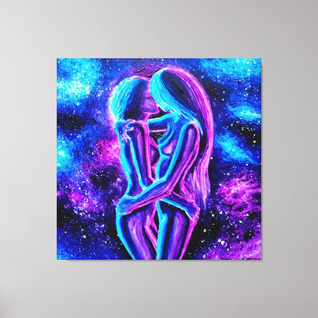 Lesbian kiss in blue and purple  canvas print (Front)